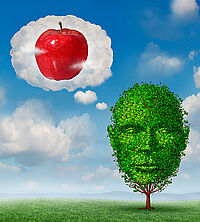 Baum-Menschkopf-Zeichnung mit Denkblase mit Apfel