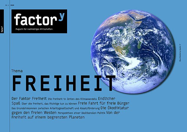 Titel factor<sup>y</sup>-Magazin Freiheit zeigt Aufnahme der Erde aus dem Weltraum