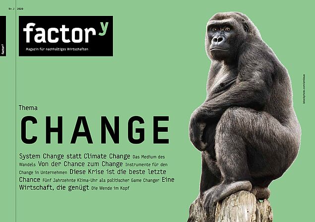 Titel des factor<sup>y</sup>-Magazins "Change" zeigt Orang-Utan auf einem Baumstumpf sitzend