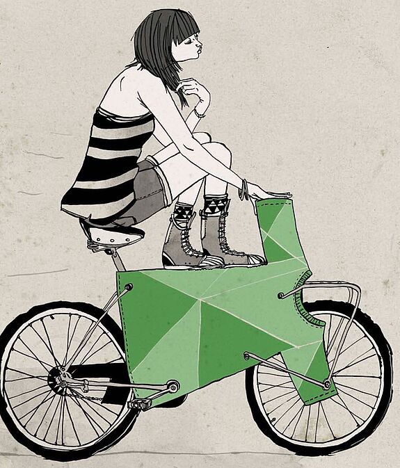 Grafik einer Frau mit einem T-Shirt als Fahrrad