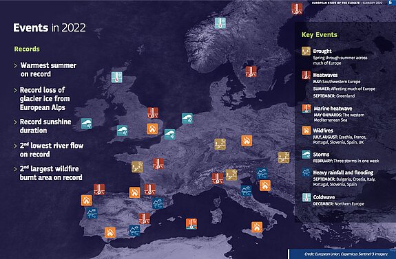 Karte der wichtigsten Klimawandelereignisse 2022 in Europa