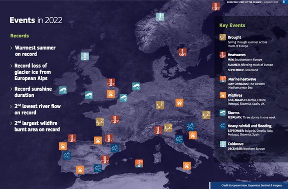 Karte der wichtigsten Klimawandelereignisse 2022 in Europa