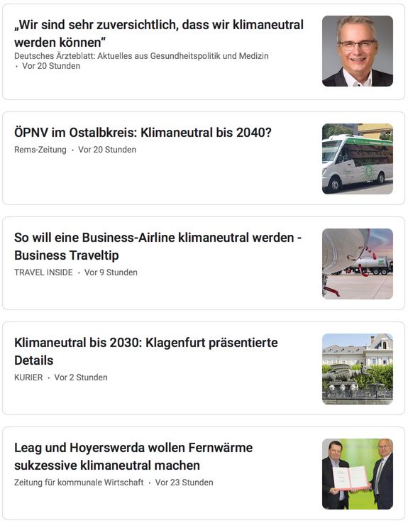 Screenshot der Google-News-Suchergebnisse zum Begriff Klimaneutral am 25. Mai 2022