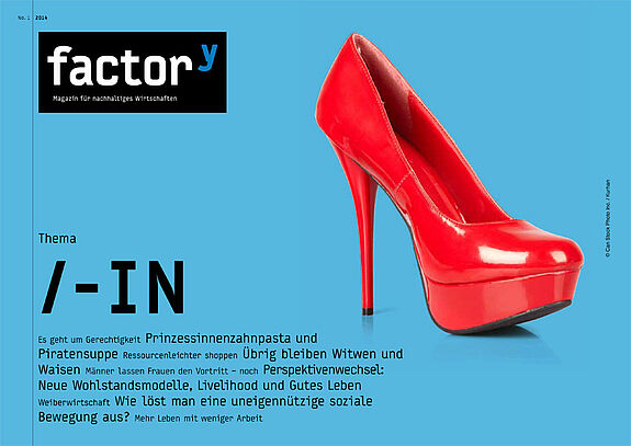 Titel des factor<sup>y</sup>-Magazins Gender zeigt einen roten High-Heel-Schuh