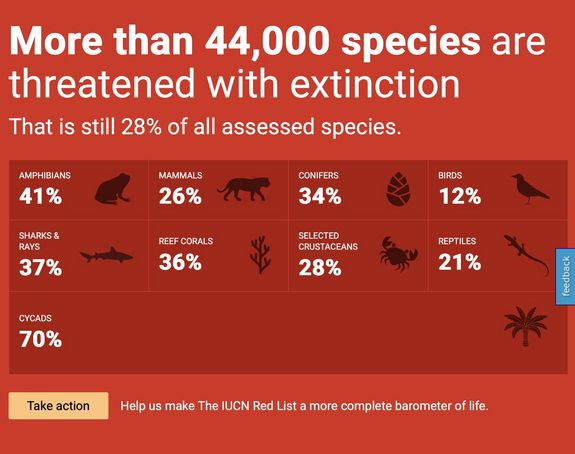 Screenshot der Roten Liste zeigt Zahlen bedrohter Arten