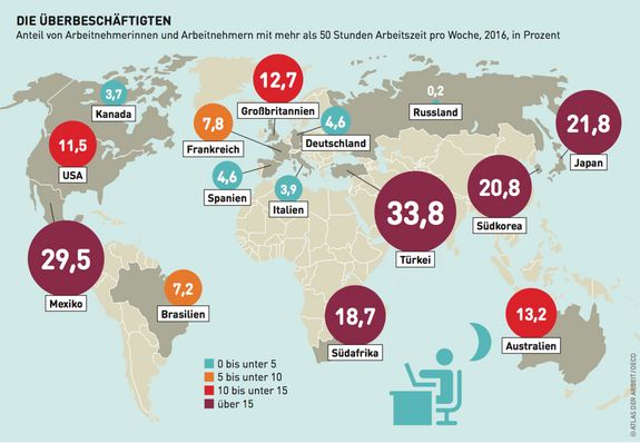 Ausschnitt aus dem Atlas der Arbeit zum Anteil derjenigen, die mehr als 50 Stunden pro Woche arbeiten