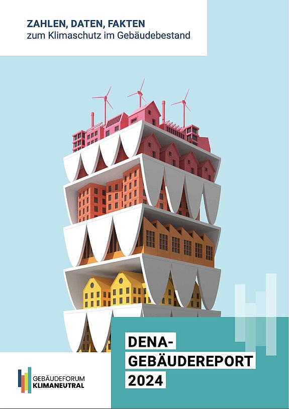 Titel des dena-Gebäudeberichts 2024 zeigt eine Grafik mit verschiedenen aufeinander gestapelten Gebäudetypen.