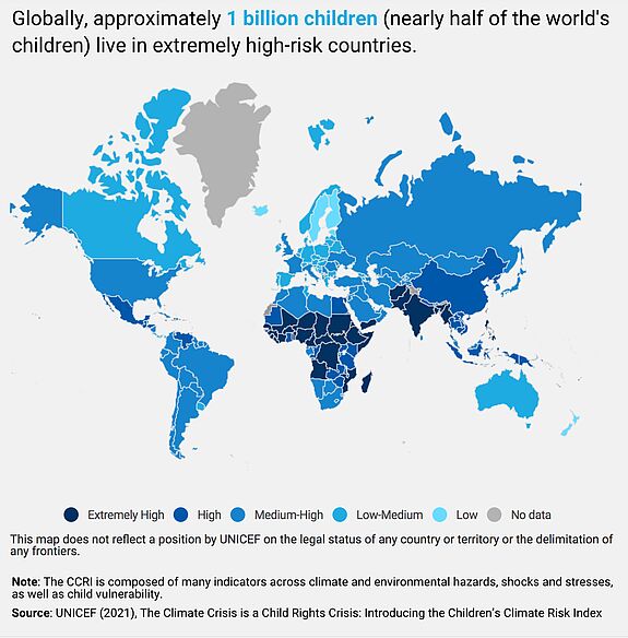 Weltkarte der Länder mit den höchsten Risiken für Kinder durch den Klimawandel
