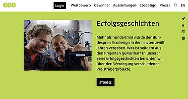Screenshot der Website Bundespreis Ecodesign zu den Erfolgsgeschichten der Preisträger*innen