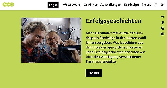 Screenshot der Website Bundespreis Ecodesign zu den Erfolgsgeschichten der Preisträger*innen