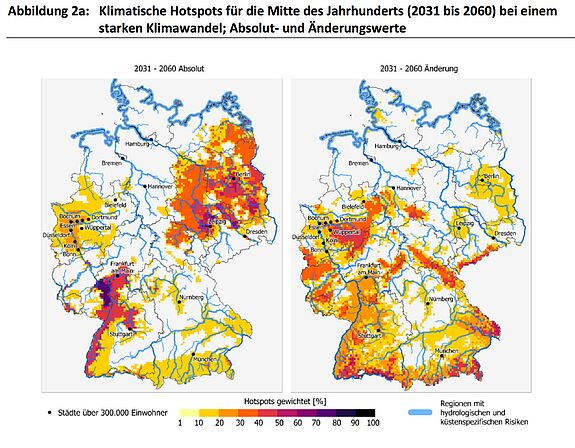 Deutschlandkarte mit den klimatischen Hotspots ab 2031 bis 2060