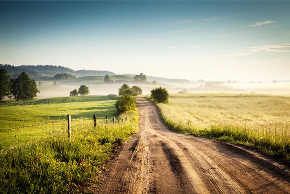 Weg im Morgendunst in schöner Landschaft