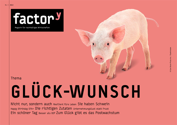 Titelbild des factor<sup>y</sup>-Magazins Glück-Wunsch zeigt ein kleines Schwein